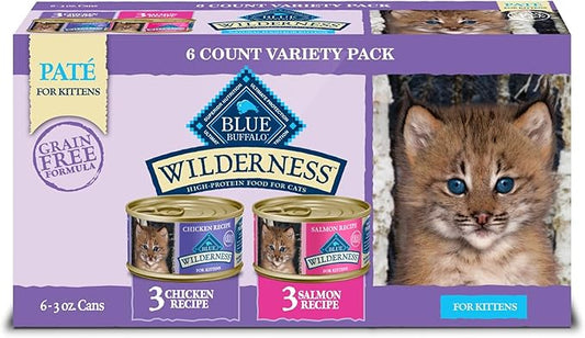 Blue Buffalo Wilderness Kitten Food, High-Protein & Grain-Free Wet Cat Food Paté Variety Pack, Chicken & Salmon Recipes, 3-oz Cans (6 Count, 3 of Each)