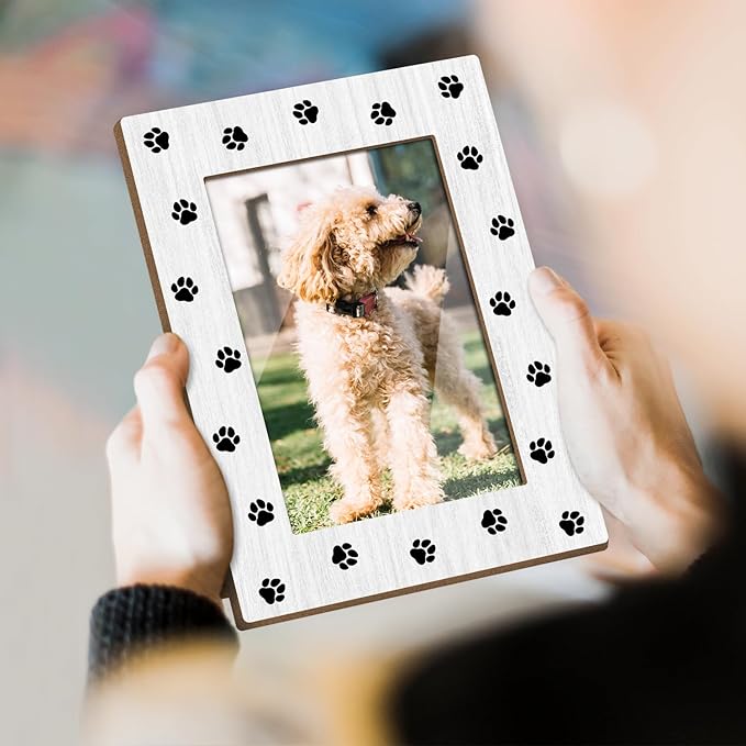 Pet Picture Frame, Pet Paw Print Photo Frame for Dog Cat, Gifts for Pet Owner Pet Lover Wooden Picture Frame, 4"x6" Picture Frame for Tabletop Display, Home Office Desk Decor Shelf Display/XK60
