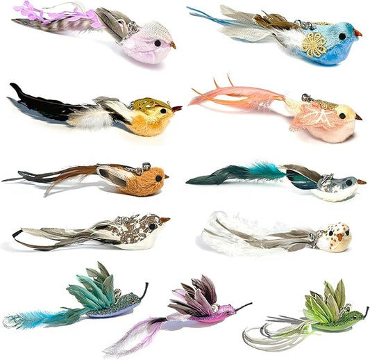 11PCS Realistic Bird Cat Toy Refills – Handmade Feather Cat Toys with Bell, Clip-on Cat Wand Attachments – Interactive Cat Toys for Indoor Cats, Refill Set for Wand Toy or Cute Home Décor