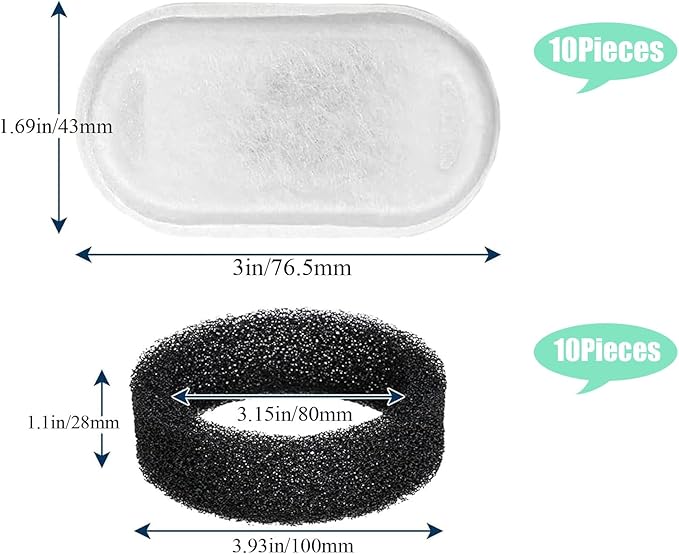 TuTuYa 20PCS Cat Water Fountain Filter, 10 Pack Cat Fountain Filter Replacement with 10 Sponges, for 108oz/3.2L & 67oz/2L Stainless Steel Pet Water Dispenser