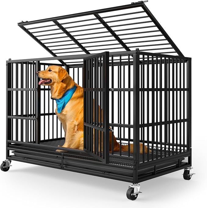 LEVELEVE 48 Inch Heavy Duty Indestructible Dog Crates for Large Dogs，Escape Proof Dog Cage Large Dogs with Lockable Wheels，Dog Kennel Furniture Indoor&Outside