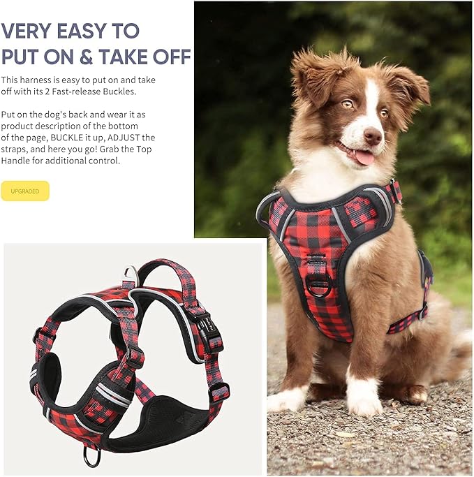 HEELE Dog Harness, No Pull Adjustable Padded Reflective Harness for Small Medium Large Dogs with Handle for Walking Training, Checkered-Red, XL