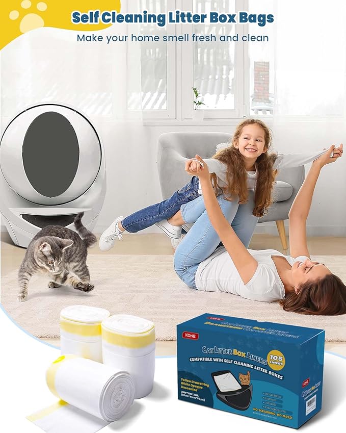 KONE 105 Count Cat Litter Bag Liners fits Robot 3 4 and most Self Cleaning Litter Drawer Waste Bin, 2 mil Thickened Drawstring Kitty Poop Bags, Automatic Pet Disposable Replacement Trash Bag, 26 x 16