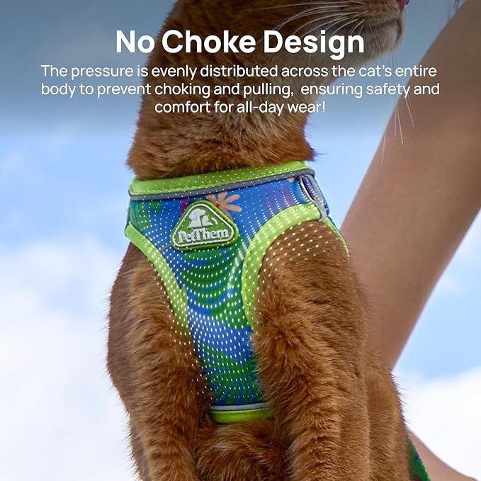 Cat Harness and Leash Set, Step-in Escape Proof Adjustable Vest Harness for Small Medium Large Cats, Lightweight Soft Breathable Reflective Kitten Harness for Walking Travel, Camping(Hawaii Green, XS)