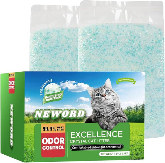 NEWORD Crystals Cat Litter Superior Odor Control 14 lbs Total (2 Pack of 7lb Bags) Soft-On-Paws Low Tracking Dust-Free Green Silica Gel, Aloe Vera Fragrance