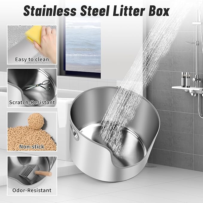 Stainless Steel Litter Box, 17.4” x 11" Large Round High Sided Metal Cat Litter Box Tray with Scoop, Filter Pedal & Litter Mat, Non-Sticky, Non-Odor, Easy Cleaning