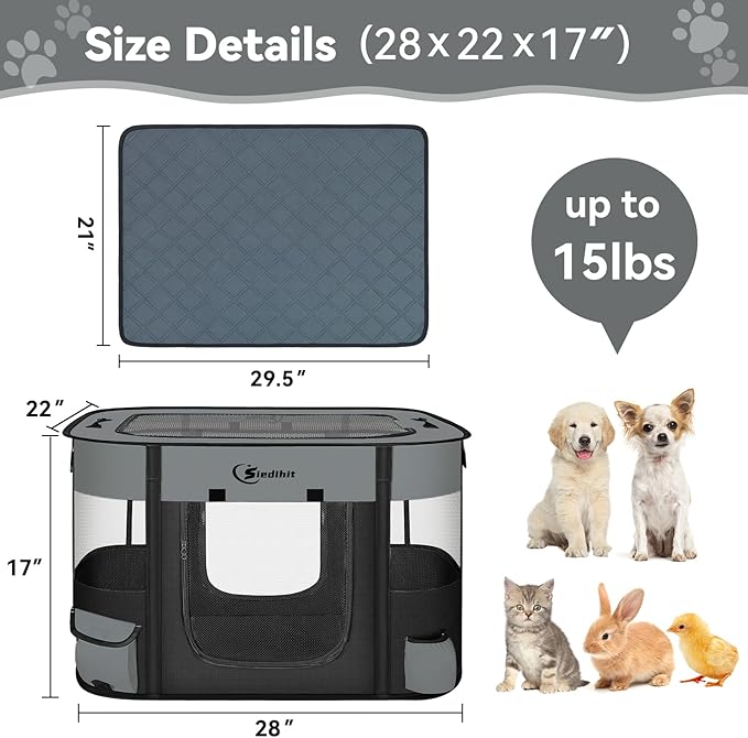 Dog Playpen,Cat Pet Puppy Pen,Portable Playpens for Dogs Indoor Outdoor Travel Camping Use,Foldable Dog Kennel Tent Crate for Rabbit Small Animals with Carrying Case (Dark Grey with Pad, Small)