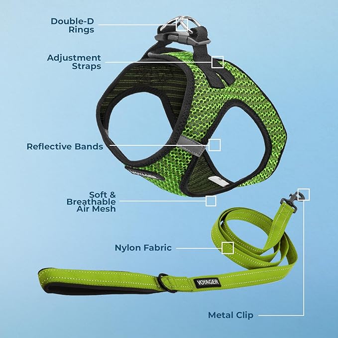 Voyager Step-in Air All Weather Mesh Harness and Reflective Dog 5 ft Leash Combo with Neoprene Handle, for Small, Medium and Large Breed Puppies by Best Pet Supplies - Lime Green (2-Tone), XL