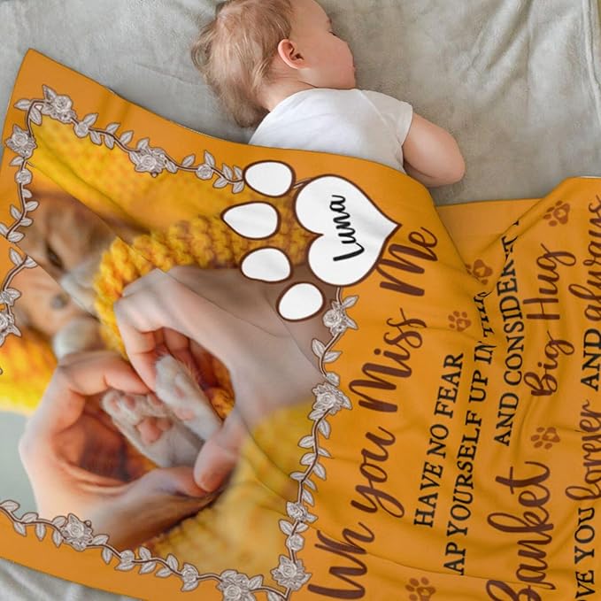 Custom Pet Memorial Blanket with Photo,Personalized Dog/Cat Loss Sympathy Gift,Pet Loss Bereavement Remembrance Gifts,Flannel Throw Blanket with Pictures (Orange)