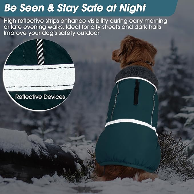 QBLEEV Warm Dog Coat Reflective Winter Jacket, Waterproof Windproof Dog Turtleneck Clothes for Cold Weather, Thicken Fleece Lining Pet Outfit, Adjustable Pet Vest Apparel for Small Medium Large Dogs