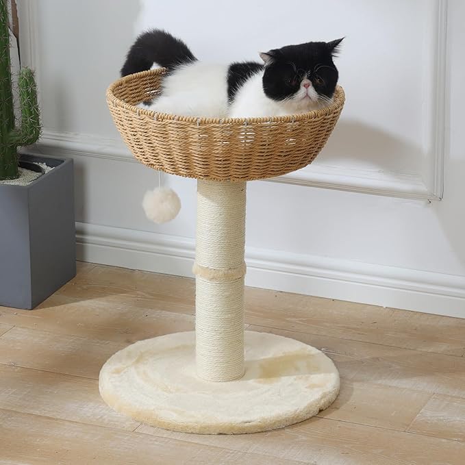 SHENGOCASE Cat Tree Tower with Rattan Wicker Basket, Handwoven Large Nest Basket Bed, Window Perch for Large Cats up to 20LBS