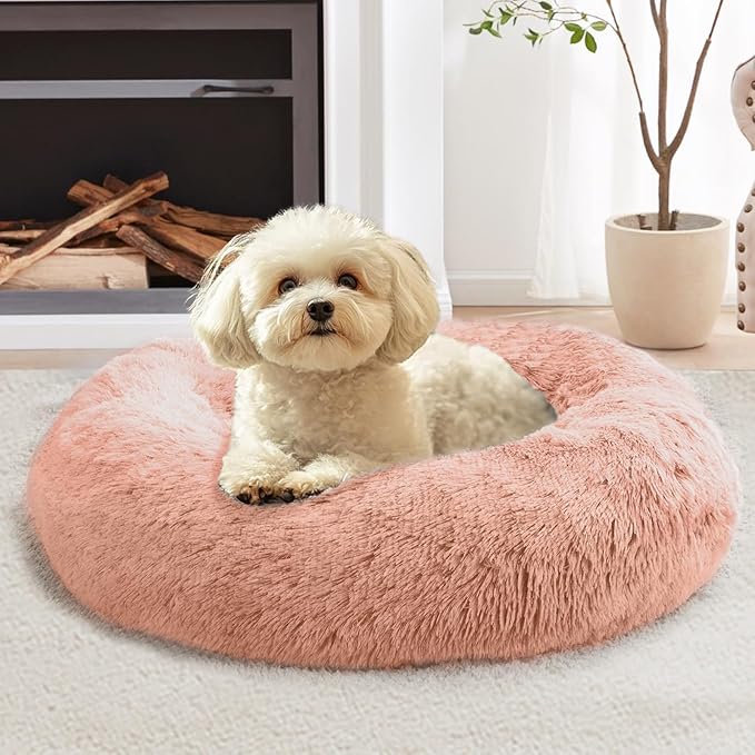JOLLYVOGUE Calming Dog & Cat Bed for Small Dogs, Anti-Anxiety Donut Cuddler Cozy Soft Round Bed with Anti-Slip Bottom, Fluffy Faux Fur Plush Cushion Beds for Small Medium Pets (23")
