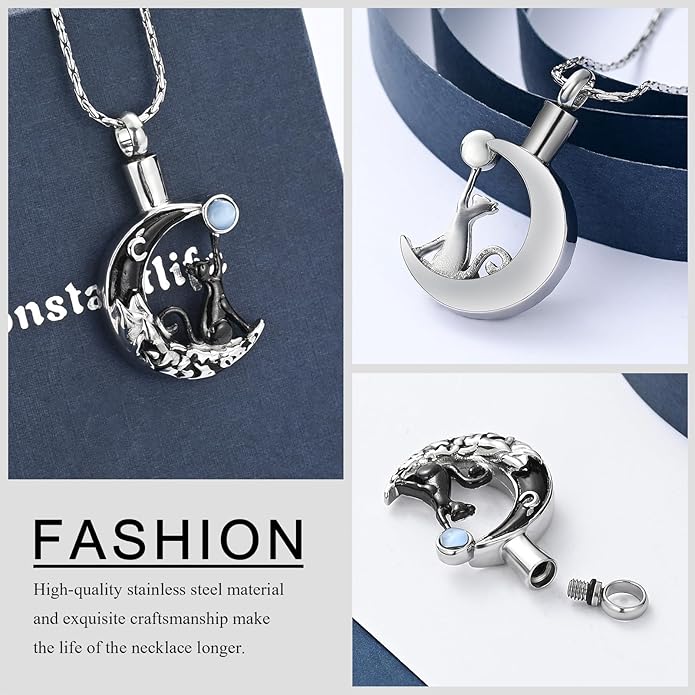 constantlife Cat Moon Urn Necklace for Women Pet Cremation Jewelry for Ashes Stainless Steel Pendant Funeral Keepsake Loved Ones Memorial Gift