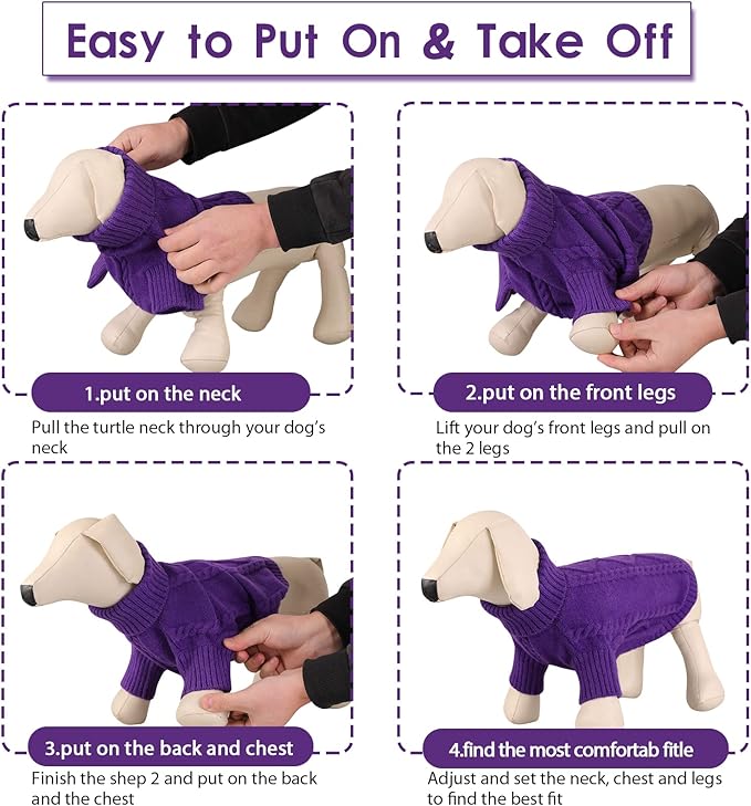 Queenmore Small Dog Pullover Sweater, Cold Weather Cable Knitwear, Classic Turtleneck Thick Warm Clothes for Chihuahua, Bulldog, Dachshund, Pug (Purple, X-Large)