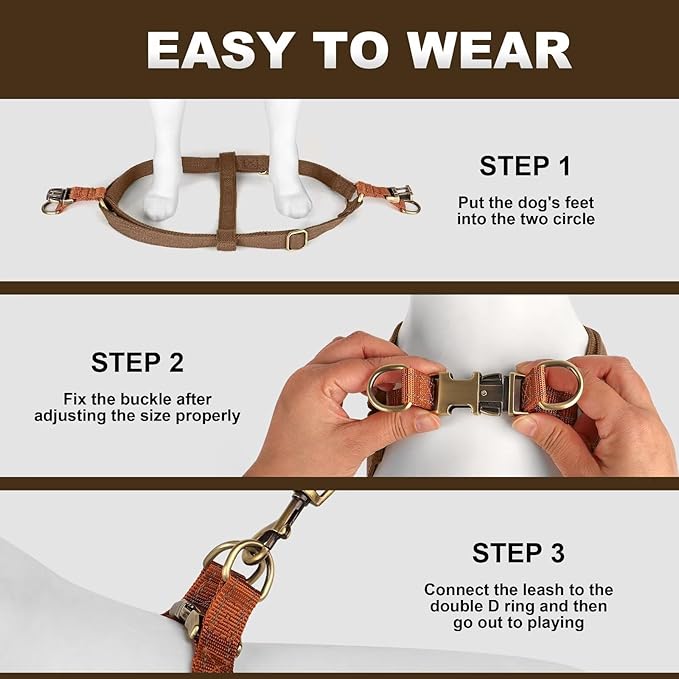 Didog Step in Dog Harness with Metal Buckles, Freedom Nylon Dog Halter Vests for Medium Dogs Easy Walking Training(M:Chest 19-28", Brown)