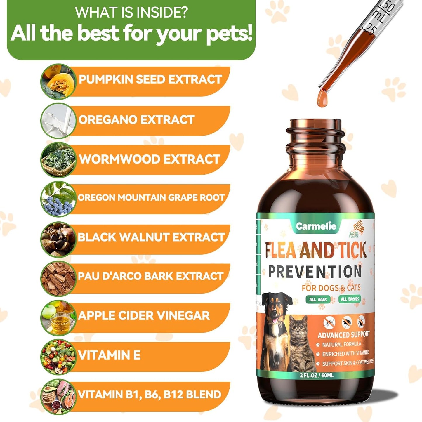 Oral Flea and Tick Support for Dogs and Cats, Natural Dog Flea and Tick Defense, Cat Flea Drops Supplements with Vitamin for Pets - All Breeds and Ages - Bacon