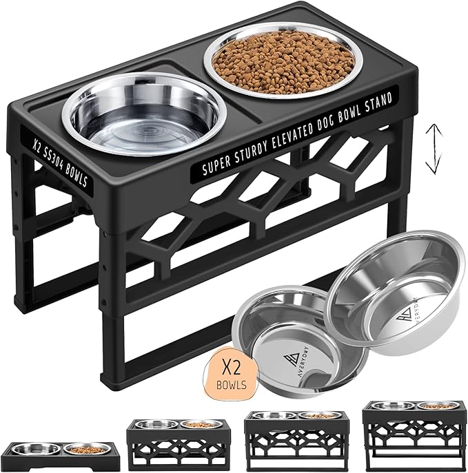 AVERYDAY Large Dog Bowls Elevated, 4 Height Adjustable Raised Dog Bowl Stand with 2 Stainless Steel Food and Water Bowls Set, Tall Dogs Feeding Station with Anti-Slip Base for Medium Large Breeds Dogs