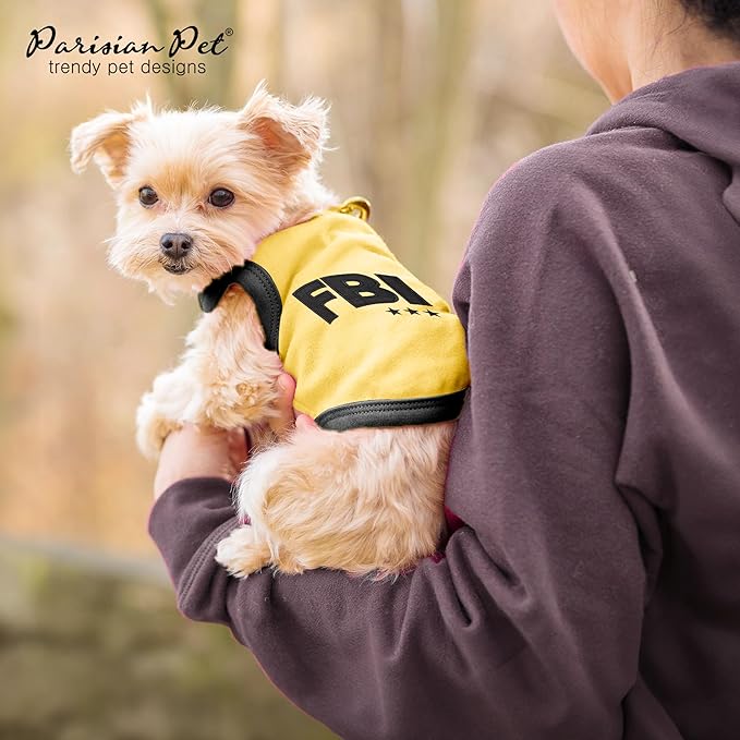 Parisian Pet Dog T-Shirt - Embroidered FBI Shirt - 100% Cotton, Breathable Dogs Clothes - Sleeveless Pet Vest - Machine Washable Yellow Shirts for Large Dogs - 3XL