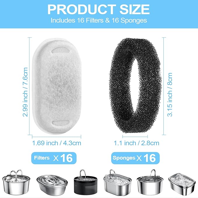 Cat Water Fountain Filter for Stainless Steel 108oz/3.2L& 67oz/2L Automatic Pet Water Dispenser Fountian Replacement Filter with Sponges