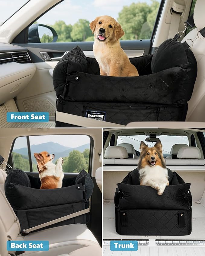 EASTBLUE Dog Car Seat for Small Medium Dogs Up to 35 lbs, Memory Foam Dog Booster Car Seat with Seatbelt, Detachable Washable Pet Carseat for Puppy & Cat, Dogs Travel Bed for Cars (Black)