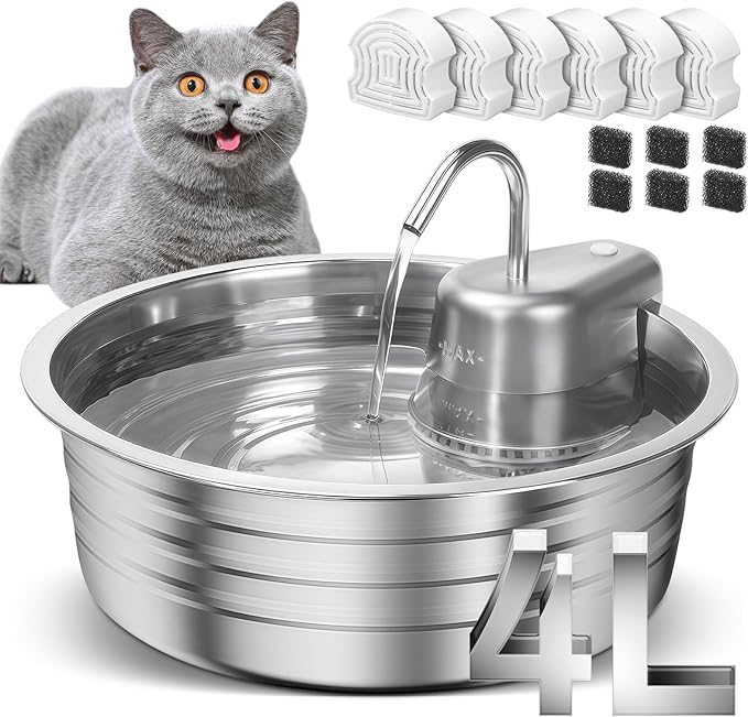 Cat Water Fountain, 4L/135OZ Stainless Steel Pet Fountain with 6 Filters & 6 Sponges Dog Water Dispenser, Dog Water Bowl Cat Drinking Fountains Watering Supplies with Ultra-Quiet Pump for Pets Indoor