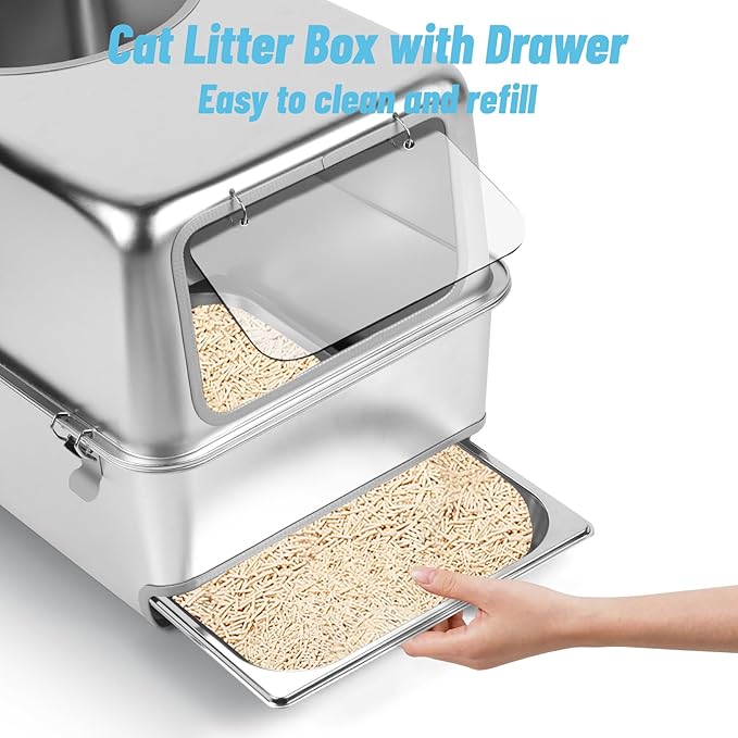Stainless Steel Litter Box with Pull-Out Drawer, 23.6"L x 15.8"W x 15.8"H Enclosed Metal Cat Litter Box Tray with High Sides, Scoop, Filter Pedal, Top & Side Entry, Non-Sticky, Easy Cleaning