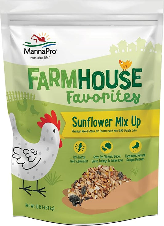Manna Pro Farmhouse Favorites – Sunflower Mix Up – Premium Grains for Poultry – Made with Non-GMO Purple Corn – High Energy Poultry Feed Supplement – 10lb Bag