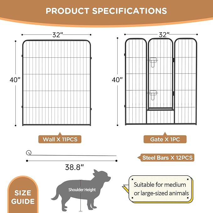 BestPet | Dog Playpen | 40 Inch, 12 Panels | Heavy Duty Metal Pet Exercise Pen | Indoor Outdoor Fence Panels | Rust-Resistant, Removable, Tool-Free Setup | Anti-Skid, Expandable Design