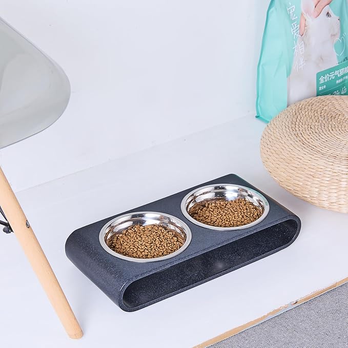 Black Marble Elevated Dog Bowls Set - 2 Thick 6" Stainless Steel Puppy Food Bowl with Non-Slip Raised Holder Stand, Double Feeding Bowls for Food and Water, Suitable for Cats and Small Medium Pet