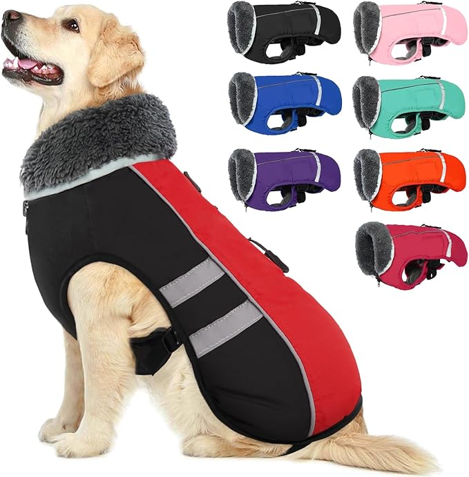 QBLEEV Warm Dog Coat Reflective Dog Winter Jacket, Waterproof Windproof Dog Turtleneck Clothes for Cold Weather, Fleece Dog Snowsuit Christmas Dog Vest Pet Apparel for Small Medium Large Dogs XL