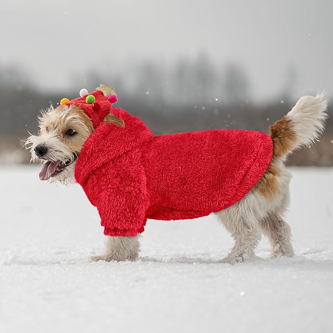 Fuzzy Dog Hoodie Dog Sweaters for Small Dogs Soft Double-Sided Plush Fleece Pet Sweater Clothes Pet Coats Sherpa Hooded Sweatshirt(Red-XS)
