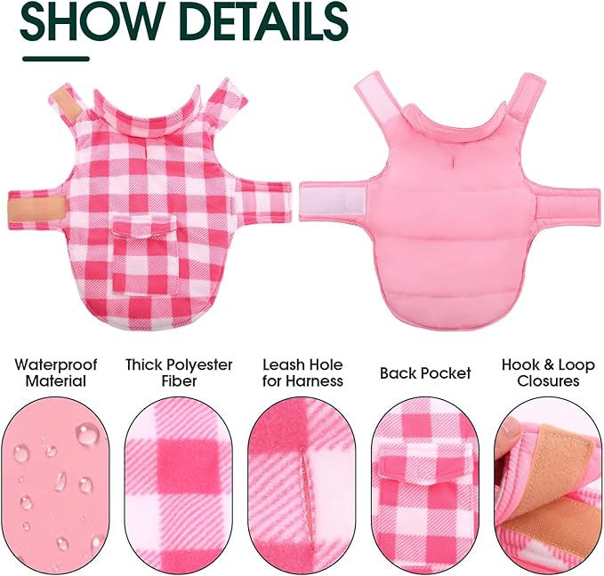 Kuoser Dog Winter Coat, Windproof Dog Fleece Jacket British Style Plaid Cold Weather Doggie Vest Coats, Reversible Cozy Warm Pet Clothes Apparel for Medium Dogs M