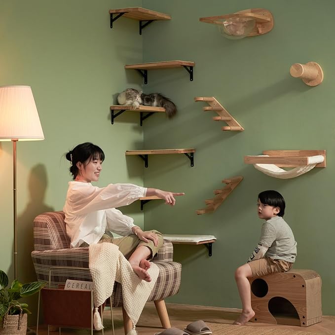FUKUMARU Cat Wall Shelves, 16 x 10 Inch Cat Walls Furniture with Sisal Mat, Solid Rubber Wood Floating Shelf with Upgraded Installation, Kitten Wall Tree for Sleeping, Playing and Scratching