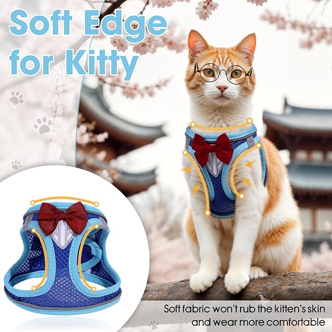 Cat Vest Harness and Leash Set for Walking, Escape Proof, Adjustable Kitten Harness, Breathable Mesh with Reflective Strips, Detective Conan-Inspired Design, Blue, Medium