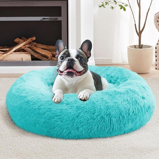 JOLLYVOGUE Calming Dog & Cat Bed for Small Dogs, Anti-Anxiety Donut Cuddler Cozy Soft Round Bed with Anti-Slip Bottom, Fluffy Faux Fur Plush Cushion Beds for Small Medium Dogs (27")