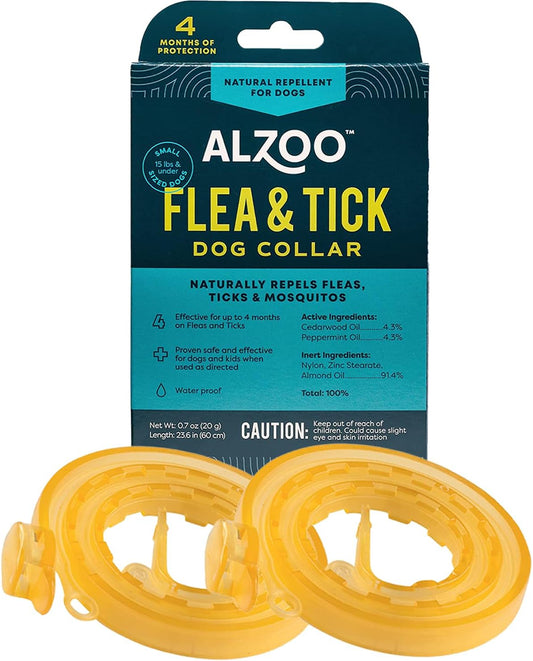 ALZOO Flea & Tick Dog Collar - Helps Repel Fleas, Ticks & Mosquitoes - 100% Plant-Based Active Ingredients - Waterproof - Up to 4 Months Protection - Small-Sized Dogs: 15 lbs & Under - Pack of 2