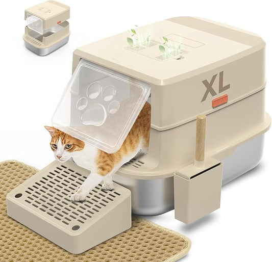 Stainless Steel Cat Litter Box with Lid, 3 in 1 Removable Litter Box for Big/Multiple Cats, High Sides Kitty Litter Pan, Leak-Proof XL Extra Large Enclosed Metal Litter Pan Easy Clean with Scoop & Mat