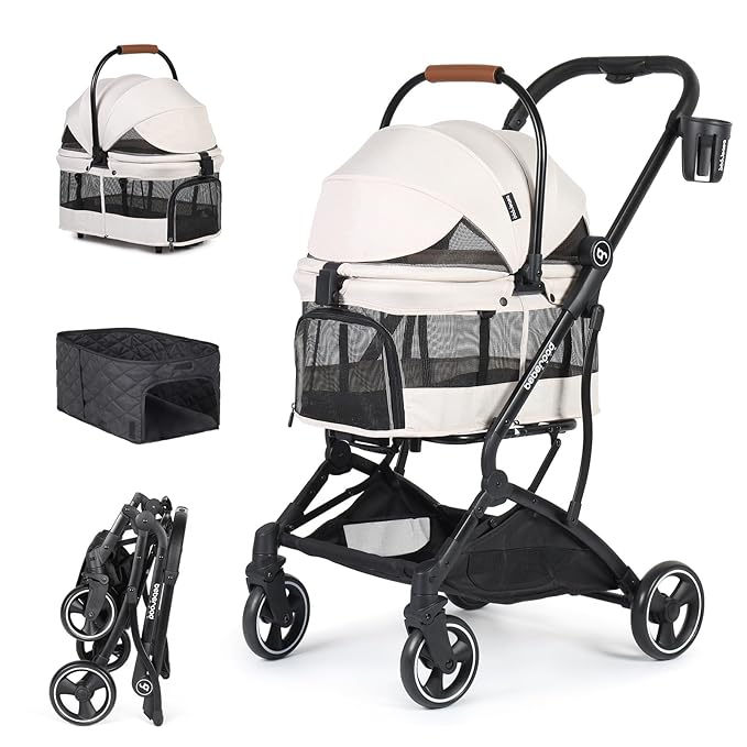 T3 Foldable Pet Stroller for Small Dogs & Cats – 3-in-1 Lightweight Design, 180° Canopy & Detachable Carrier (Beige)