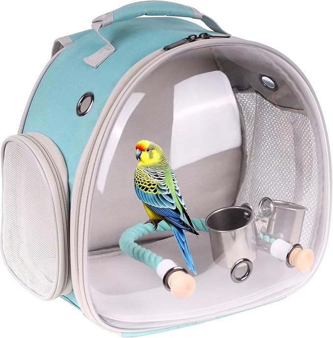 Small Bird Travel Backpack Carrier Cage, Backpack to Transport Backpack Carrier with Clamp Cups Stand Perch for Parakeet Cockatiel Budgies Vet Carry Book Bag Green