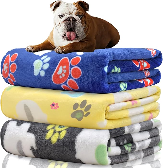 Rezutan Dog Blanket for Medium Dogs 1 Pack 3 Premium Soft Cat Puppy Blankets, 31x24 inch,Flannel Cute Elephant & Paw Print for Small Kitten,Grey/Blue/Yellow.