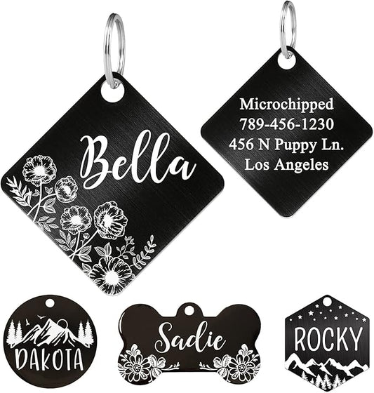Ultra Joys Stainless Steel Pet ID Tag - Custom Dog & Cat Tags, Personalized Front & Back Engraving, Diamond Tag Vine Flower Design, Black, Large