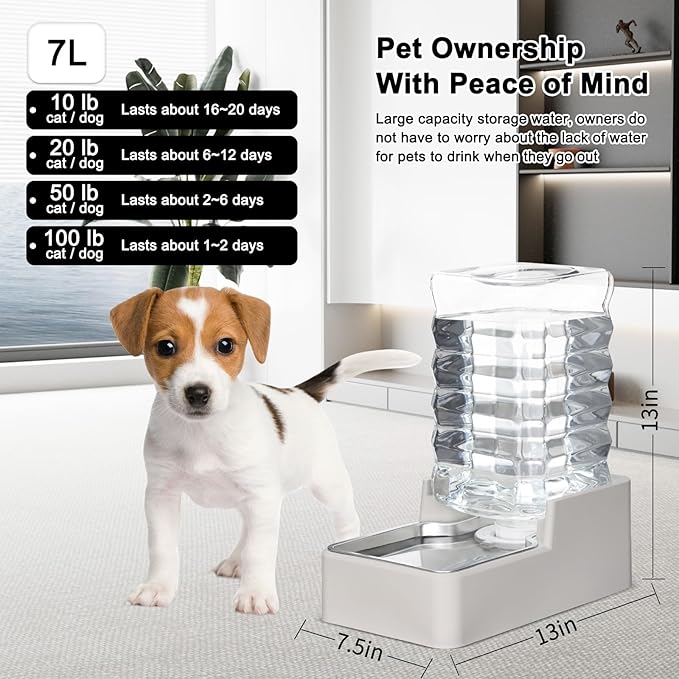 RIZZARI Stainless Steel Pet Water Feeder: 7L Automatic Leak-Proof Gravity Dispenser for Cats Dogs Indoor Outdoor Use（Beige with Filter,7L）