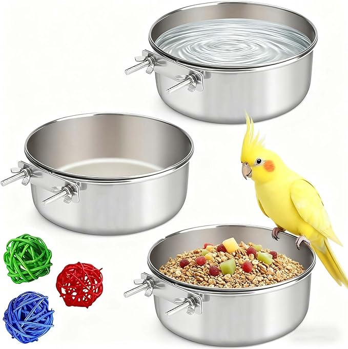 3 Pcs Stainless Steel Bird Food Water Bowls, Parrot Feeding Dish Cups with Clamp Holder Bird Ball Toys for Chinchilla, Cockatiel, Conure, Budgies, Parakeet, Lovebirds, Small Animals (Small)
