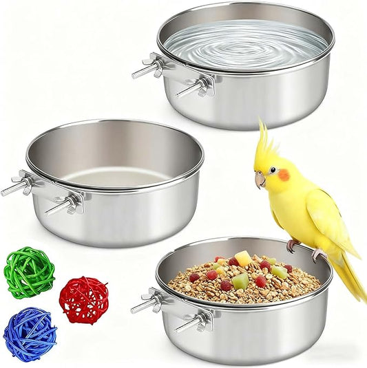 3 Pcs Stainless Steel Bird Food Water Bowls, Parrot Feeding Dish Cups with Clamp Holder Bird Ball Toys for Chinchilla, Cockatiel, Conure, Budgies, Parakeet, Lovebirds, Small Animals (Small)