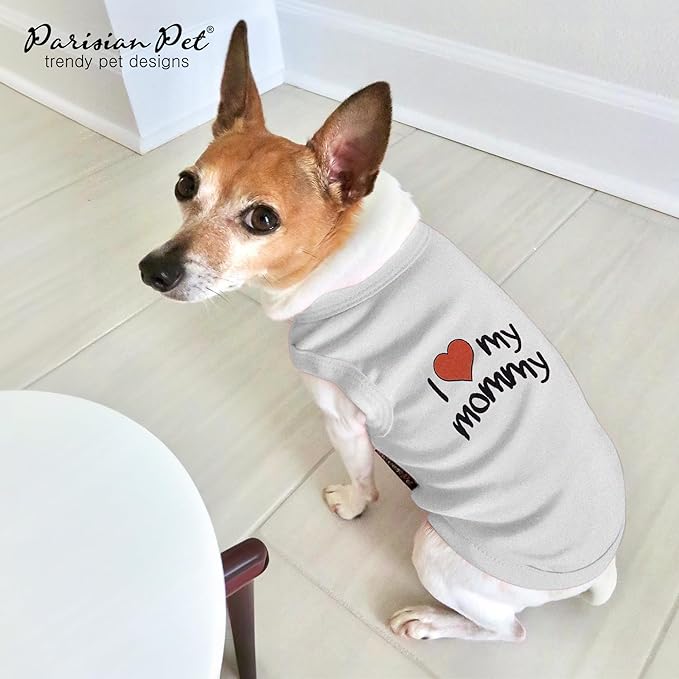 Parisian Pet Unisex Dog T-Shirt with Embroidered 'I Love My Mommy' Words - 100% Cotton, I Love My Mom Shirt - Sleeveless Pet Vest - Grey Dog Shirts for Large Dogs, L