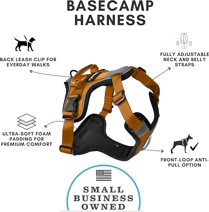 ShawnCo Basecamp Dog Harness, No-Pull Pet Vest with 3 Leash Clips, Padded, Reflective, Lightweight and Adjustable Harness with Handle for Small, Medium and Large Dogs (Sunset Orange, M)