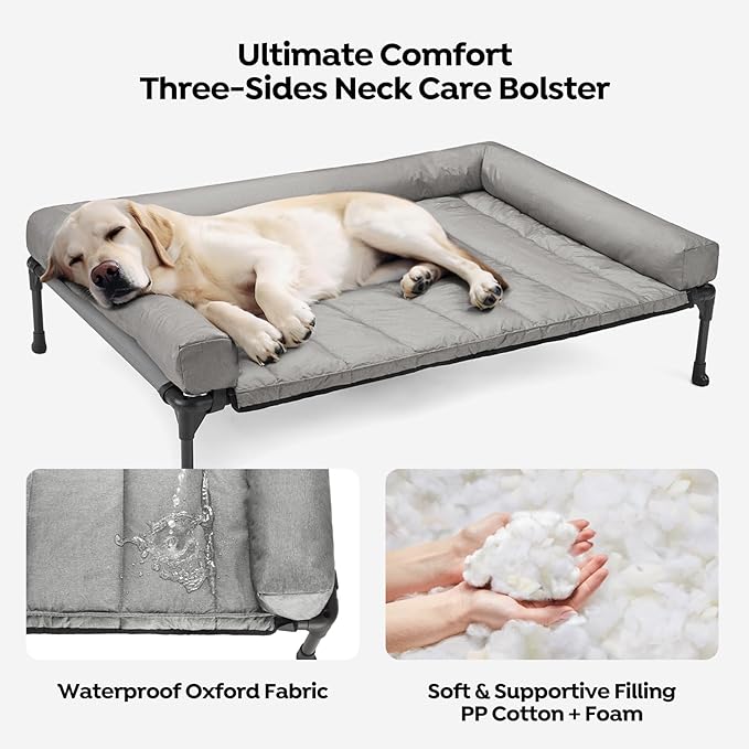 Veehoo Cooling Elevated Dog Bed Add Removable Waterproof Bolster Cushion Mat, Raised Pet Cot with Breathable Teslin Mesh, No-Slip Feet, Dog Couch Bed for Indoor Outdoor, 49x33inches, Grey, CWC2331B