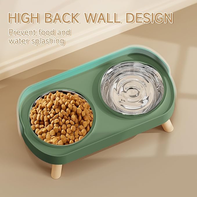Elevated Cat Bowl, Raised Cat Food and Water Bowl Set for Indoor Cats, Splash Proof with 2 Stainless Steel Pet Food Bowls for Cats and Puppies, Whisker Fatigue and Dishwasher Safe - Green