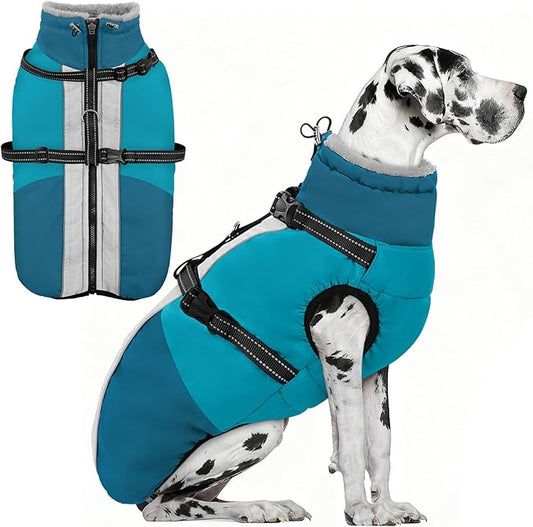 AOFITEE Dog Coat for Large Dogs, XXXL Dog Winter Jacket with Harness Built in, Turtleneck Cold Weather Coat for Extra Large Dogs, Reflective Pet Fleece Jacket with Zipper for Great Dane, Turquoise 3XL