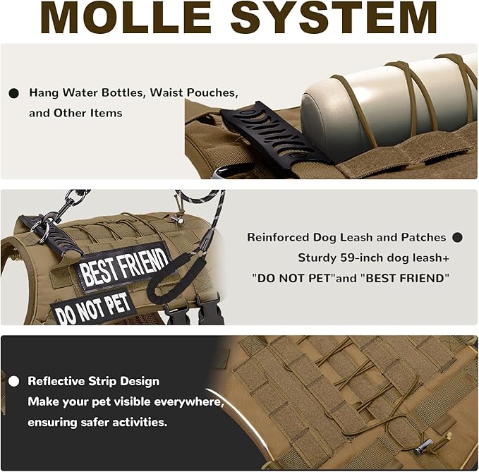 Tactical Dog Harness for Small Dogs,No Pull Dog Harness and Leash Set,Patches,Reflective Function,Dog Vest Harness for Training and Walking,Brown S
